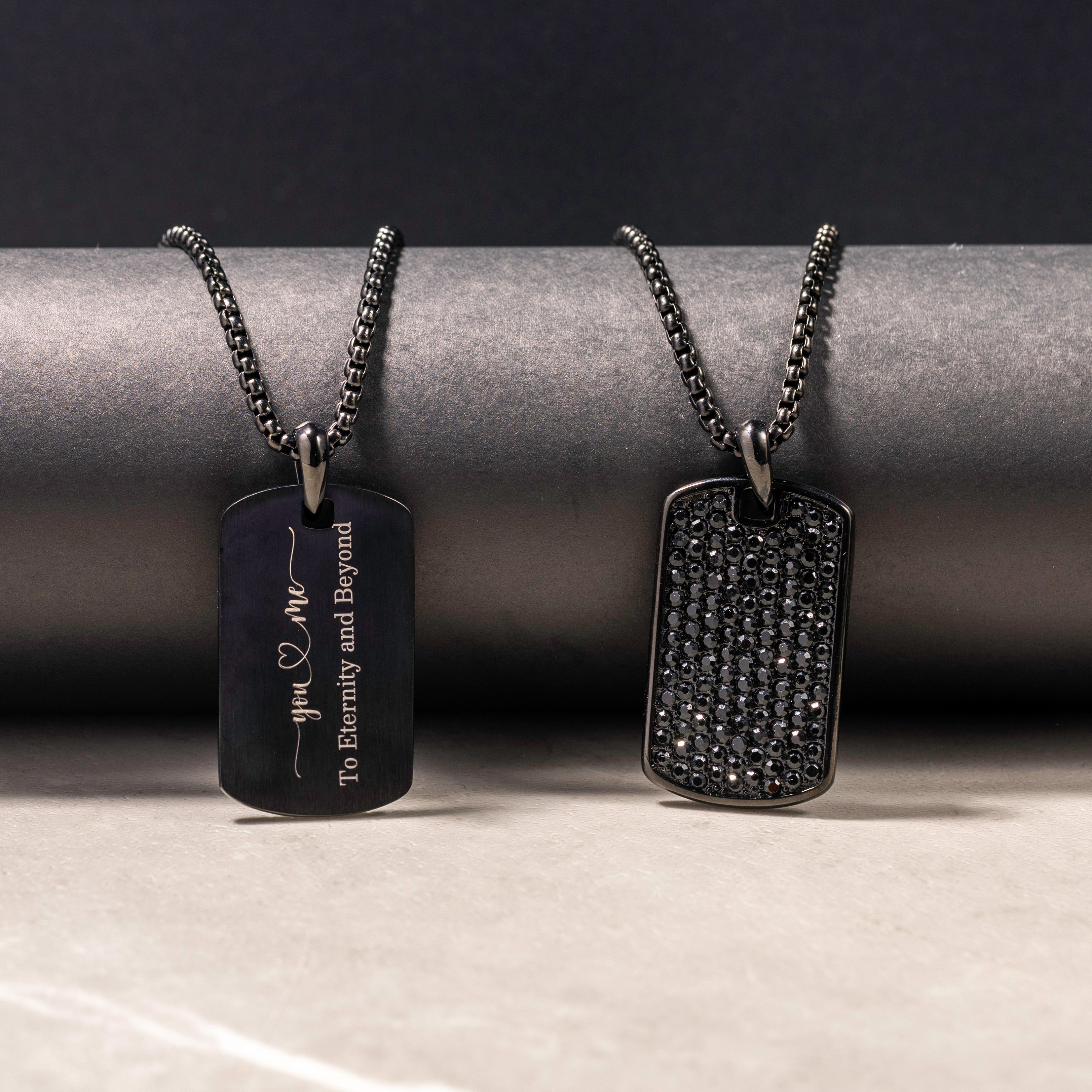 Engraved men's tag necklace in black stainless steel with custom text